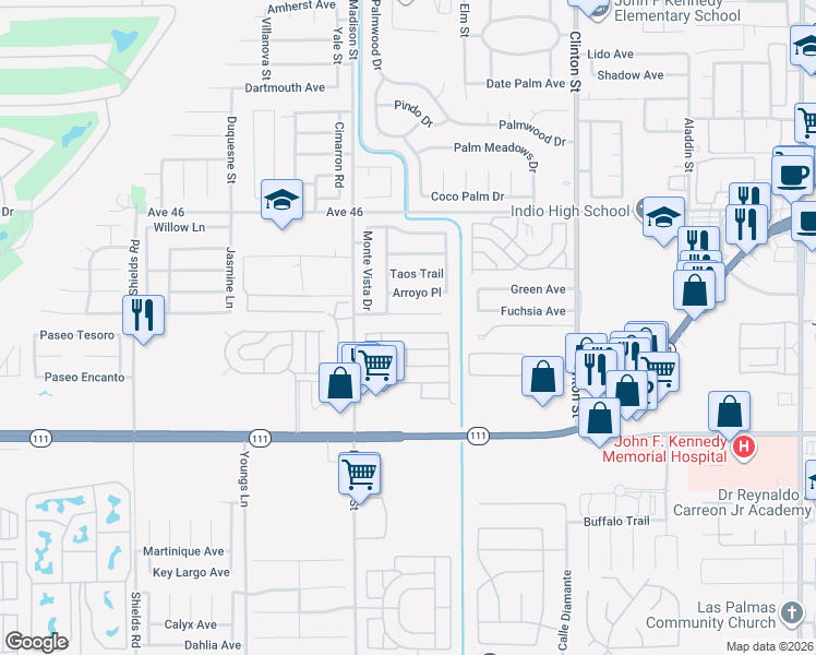 map of restaurants, bars, coffee shops, grocery stores, and more near 46618 Madison Street in Indio