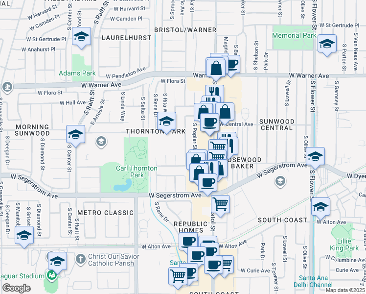 map of restaurants, bars, coffee shops, grocery stores, and more near 2702 South Pacific Avenue in Santa Ana