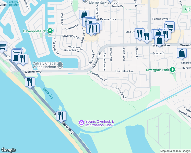 map of restaurants, bars, coffee shops, grocery stores, and more near 4461 Oceanridge Drive in Huntington Beach