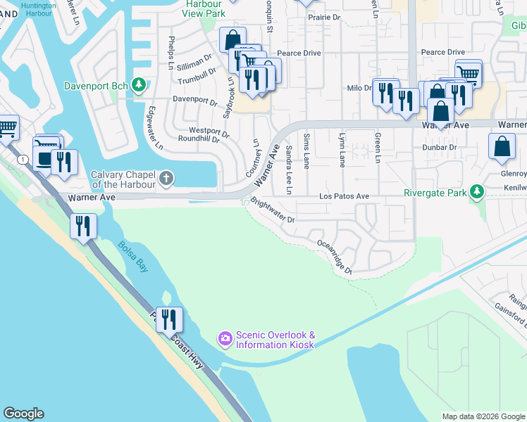 map of restaurants, bars, coffee shops, grocery stores, and more near 4461 Oceanridge Drive in Huntington Beach