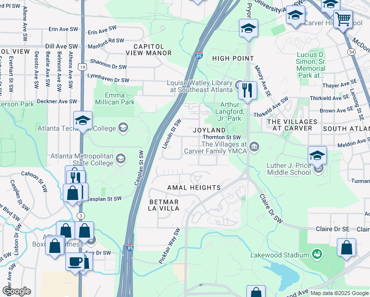 map of restaurants, bars, coffee shops, grocery stores, and more near 1678 Thornton Place Southwest in Atlanta