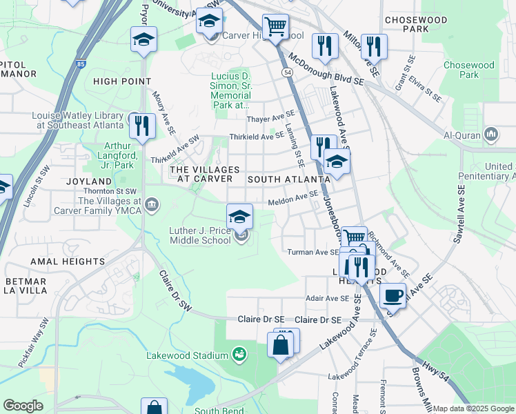 map of restaurants, bars, coffee shops, grocery stores, and more near 80 Meldon Avenue Southeast in Atlanta