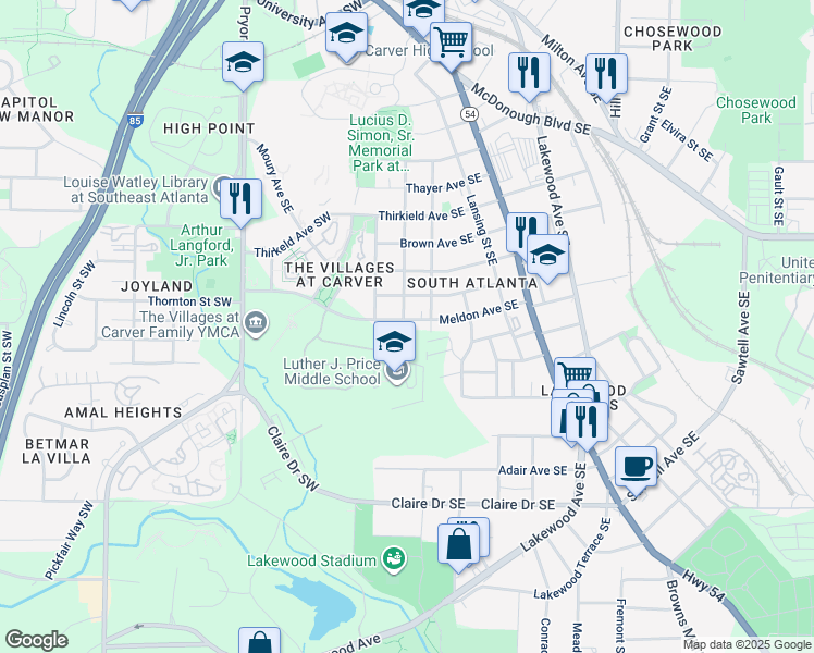 map of restaurants, bars, coffee shops, grocery stores, and more near 80 Meldon Avenue Southeast in Atlanta