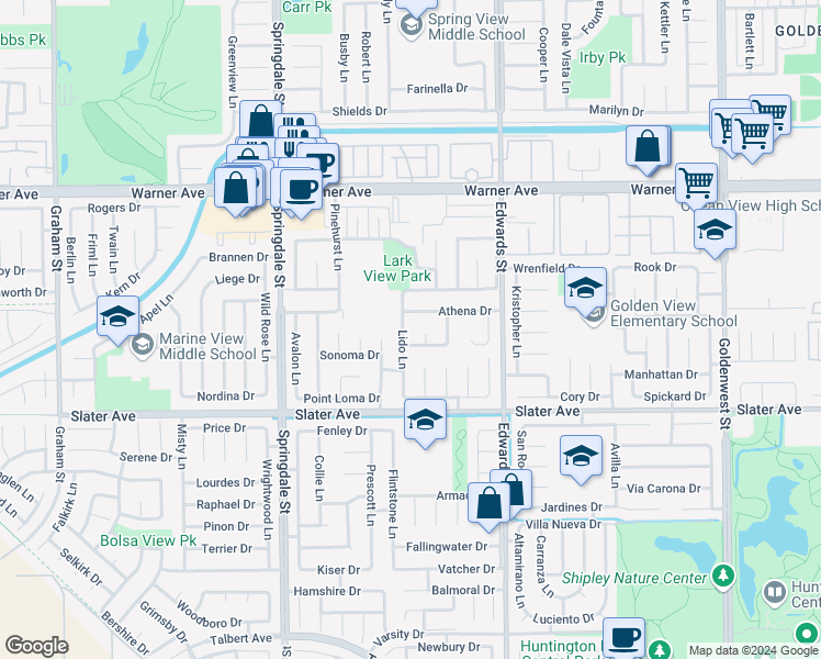 map of restaurants, bars, coffee shops, grocery stores, and more near 17302 Lido Lane in Huntington Beach