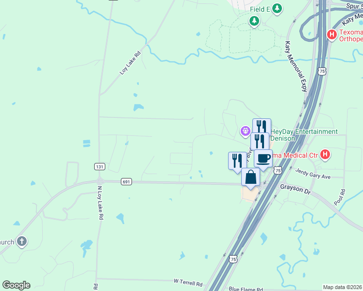 map of restaurants, bars, coffee shops, grocery stores, and more near 300 Hidden Hills in Denison