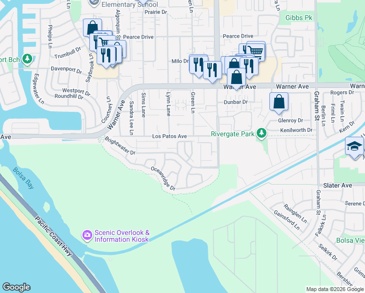 map of restaurants, bars, coffee shops, grocery stores, and more near 17291 Wareham Lane in Huntington Beach
