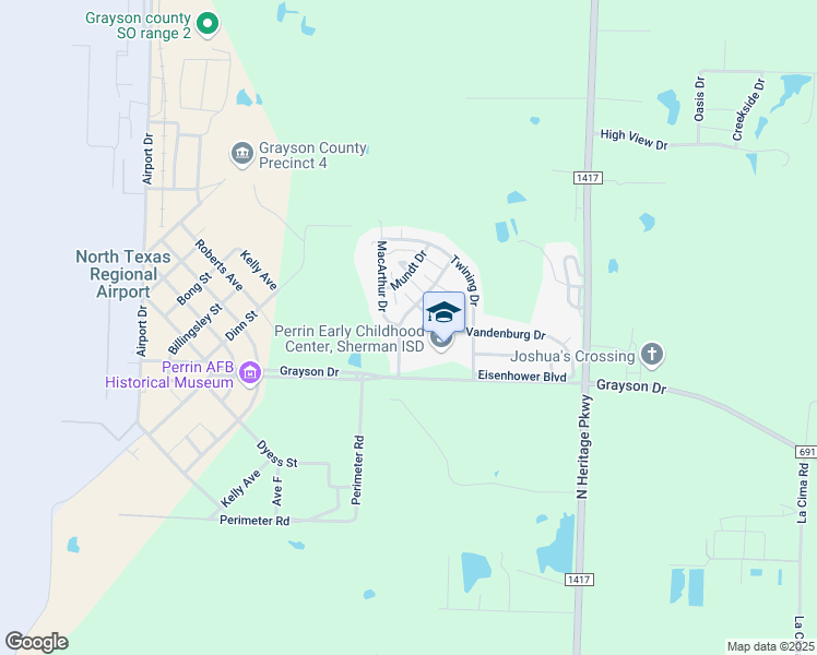 map of restaurants, bars, coffee shops, grocery stores, and more near 12 Pershing Drive in Denison