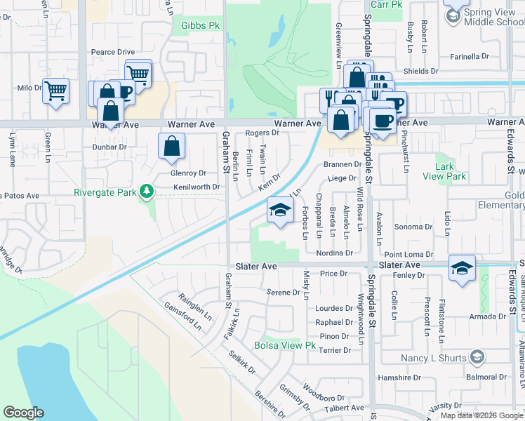 map of restaurants, bars, coffee shops, grocery stores, and more near 17317 Apel Lane in Huntington Beach