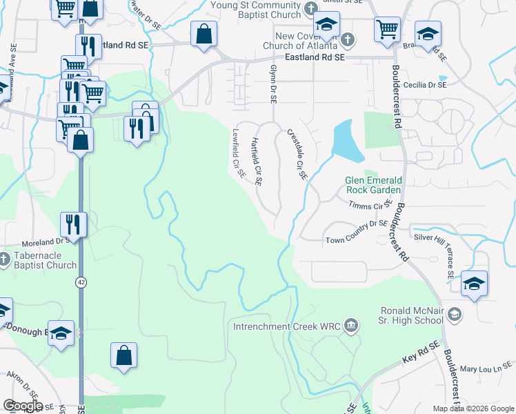 map of restaurants, bars, coffee shops, grocery stores, and more near 2641 Hatfield Circle Southeast in Atlanta