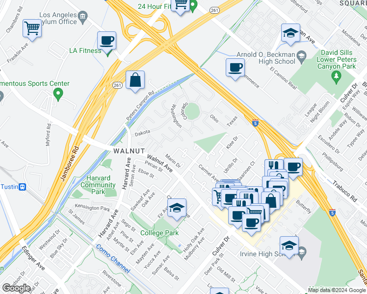 map of restaurants, bars, coffee shops, grocery stores, and more near 3545 Carmel Avenue in Irvine