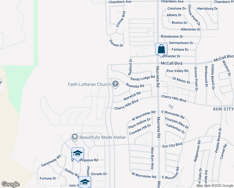 map of restaurants, bars, coffee shops, grocery stores, and more near 25650 Hartwick Road in Menifee