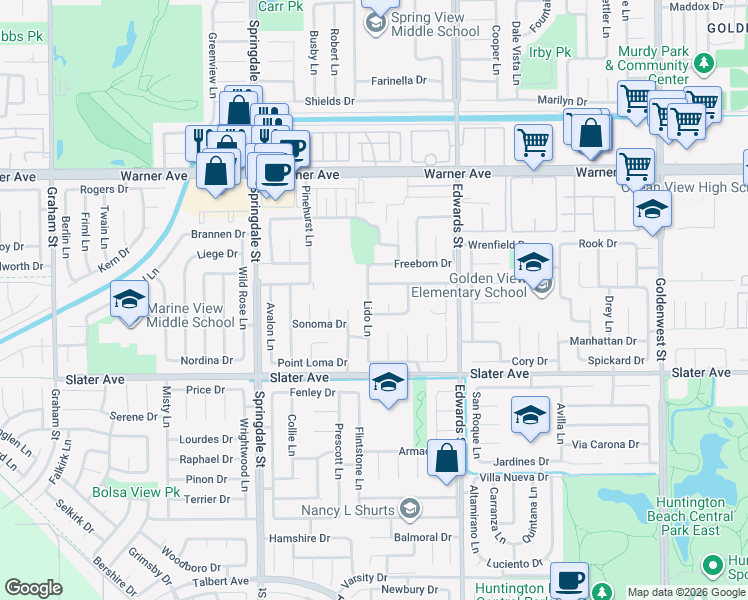 map of restaurants, bars, coffee shops, grocery stores, and more near 17302 Lido Lane in Huntington Beach