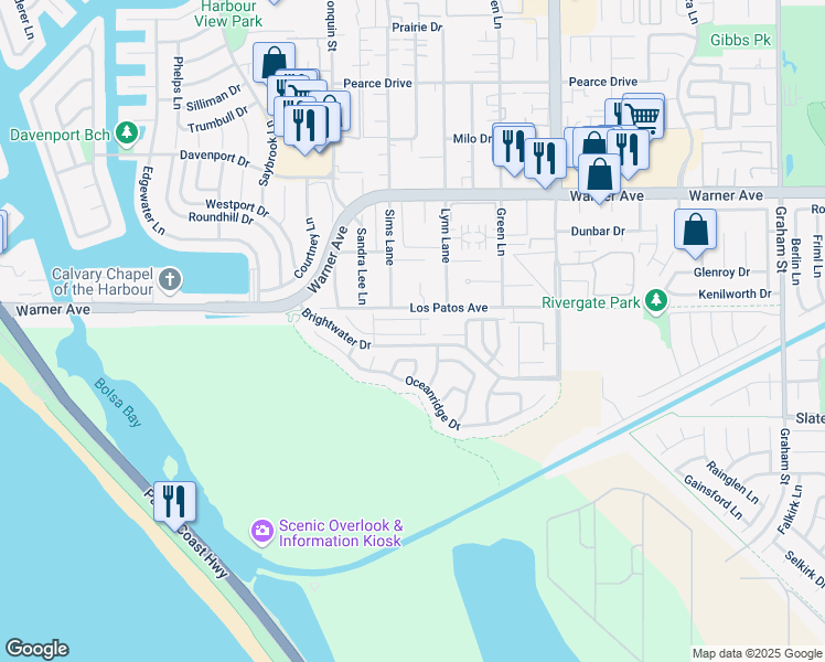 map of restaurants, bars, coffee shops, grocery stores, and more near 4671 Wellfleet Drive in Huntington Beach