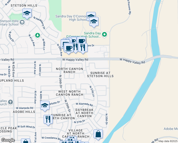 map of restaurants, bars, coffee shops, grocery stores, and more near 3580 West Chama Drive in Glendale