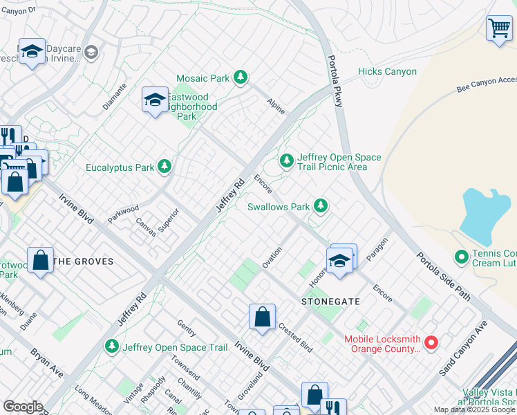 map of restaurants, bars, coffee shops, grocery stores, and more near 83 Kimbal in Irvine