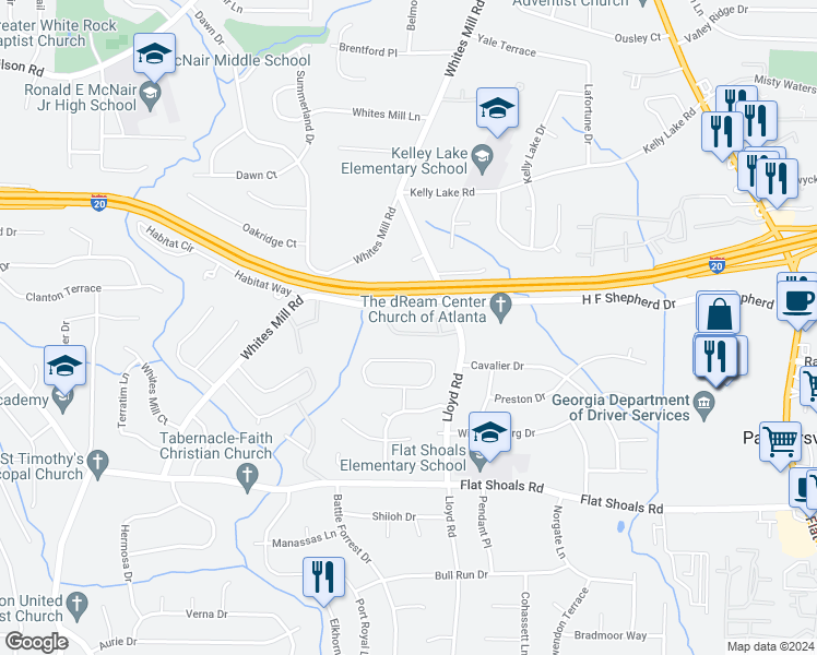 map of restaurants, bars, coffee shops, grocery stores, and more near 2380 Whites Mill Road in Decatur