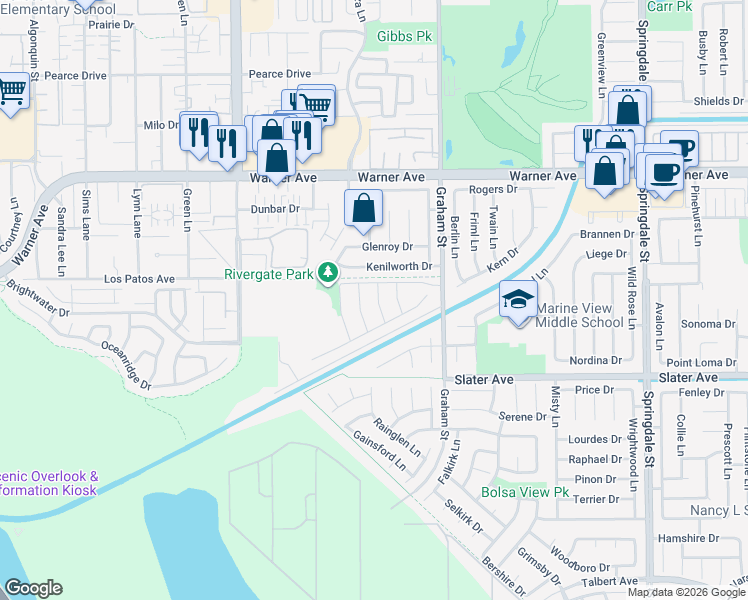 map of restaurants, bars, coffee shops, grocery stores, and more near 17311 Juniper Lane in Huntington Beach