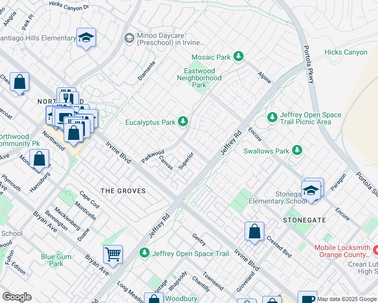 map of restaurants, bars, coffee shops, grocery stores, and more near 129 Sugar Cane in Irvine