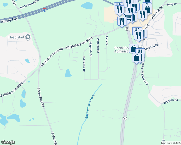 map of restaurants, bars, coffee shops, grocery stores, and more near 2231 Ridgeside Drive in Villa Rica