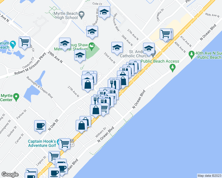 map of restaurants, bars, coffee shops, grocery stores, and more near 504 30th Avenue North in Myrtle Beach