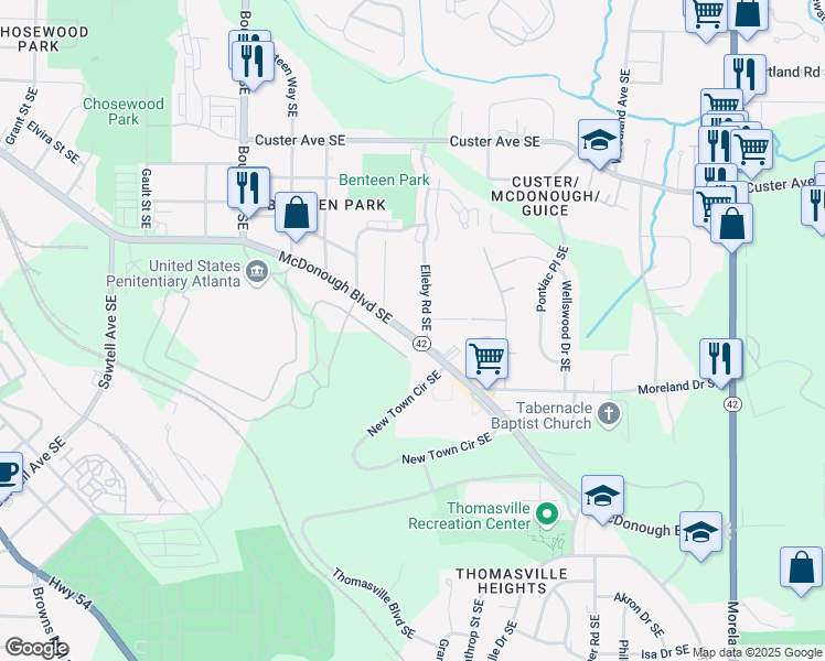 map of restaurants, bars, coffee shops, grocery stores, and more near 758 McDonough Boulevard Southeast in Atlanta