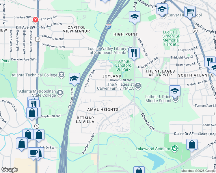 map of restaurants, bars, coffee shops, grocery stores, and more near 260 Upshaw Street Southwest in Atlanta