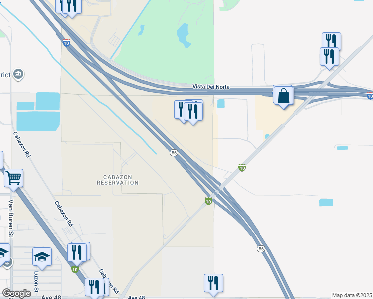 map of restaurants, bars, coffee shops, grocery stores, and more near Harrison Place in Coachella