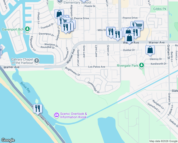 map of restaurants, bars, coffee shops, grocery stores, and more near 4671 Wellfleet Drive in Huntington Beach
