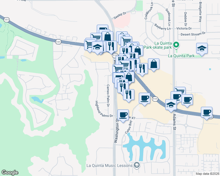 map of restaurants, bars, coffee shops, grocery stores, and more near 46500 Cameo Palm Drive in La Quinta