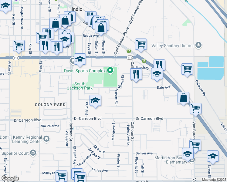 map of restaurants, bars, coffee shops, grocery stores, and more near 3 Aquarius Street in Indio