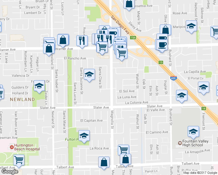 map of restaurants, bars, coffee shops, grocery stores, and more near 17334 Santa Barbara Street in Fountain Valley
