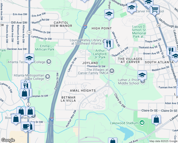 map of restaurants, bars, coffee shops, grocery stores, and more near 248 Upshaw Street Southwest in Atlanta