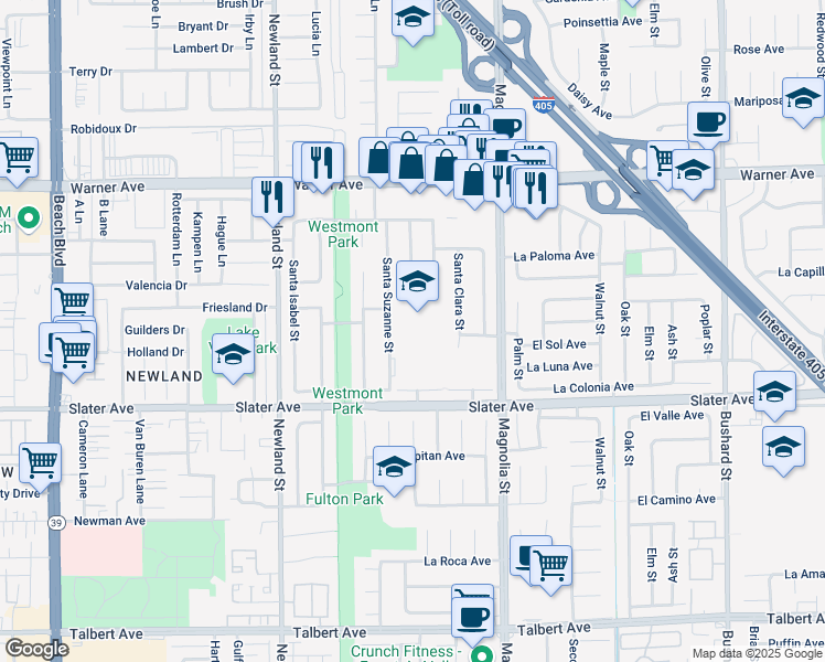 map of restaurants, bars, coffee shops, grocery stores, and more near 17340 Santa Suzanne Street in Fountain Valley