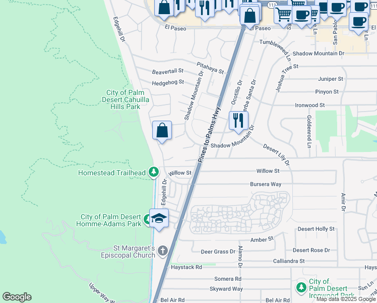 map of restaurants, bars, coffee shops, grocery stores, and more near 72755 Cactus Court in Palm Desert