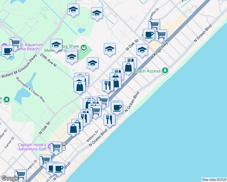 map of restaurants, bars, coffee shops, grocery stores, and more near 3101 N Kings Hwy in Myrtle Beach