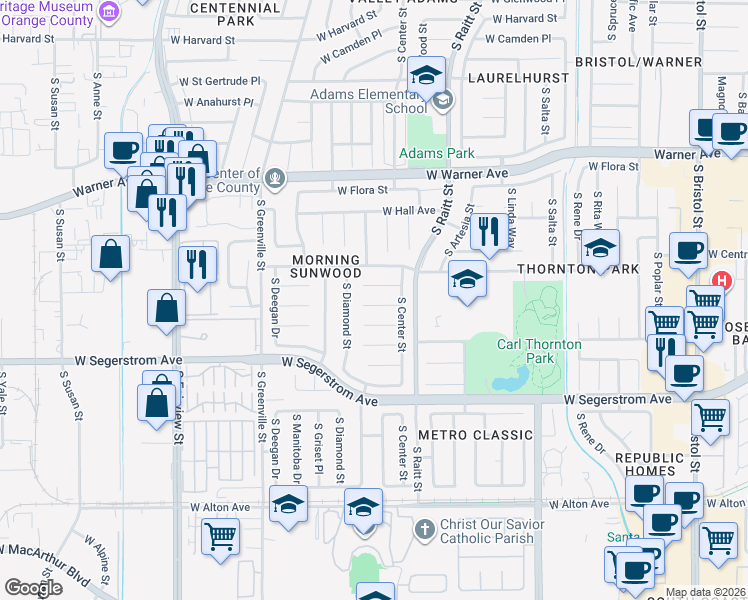 map of restaurants, bars, coffee shops, grocery stores, and more near 2301 West Manly Avenue in Santa Ana