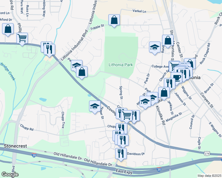 map of restaurants, bars, coffee shops, grocery stores, and more near 6651 Hawes Drive in Lithonia