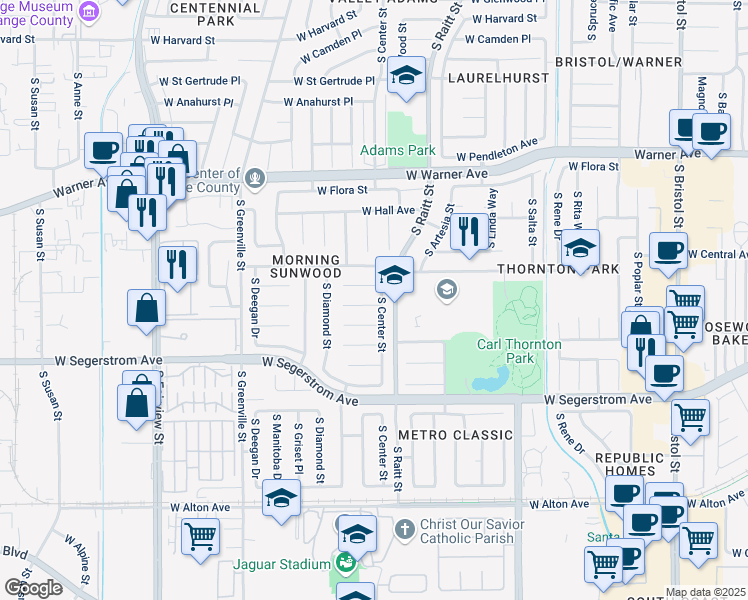 map of restaurants, bars, coffee shops, grocery stores, and more near 2217 West Manly Avenue in Santa Ana