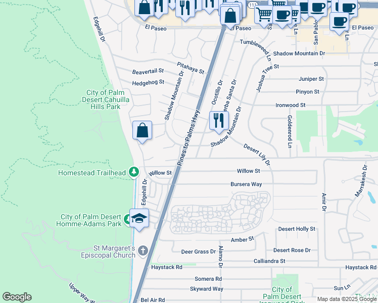 map of restaurants, bars, coffee shops, grocery stores, and more near 46400 Frontage Road in Palm Desert