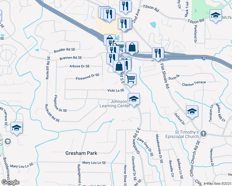 map of restaurants, bars, coffee shops, grocery stores, and more near 1911 Vicki Lane Southeast in Atlanta