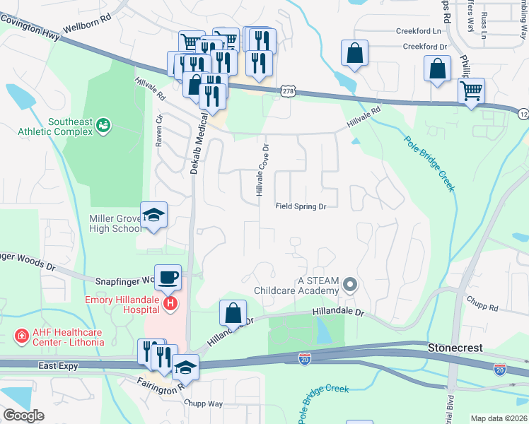 map of restaurants, bars, coffee shops, grocery stores, and more near 2755 Hillvale Cove Drive in Lithonia