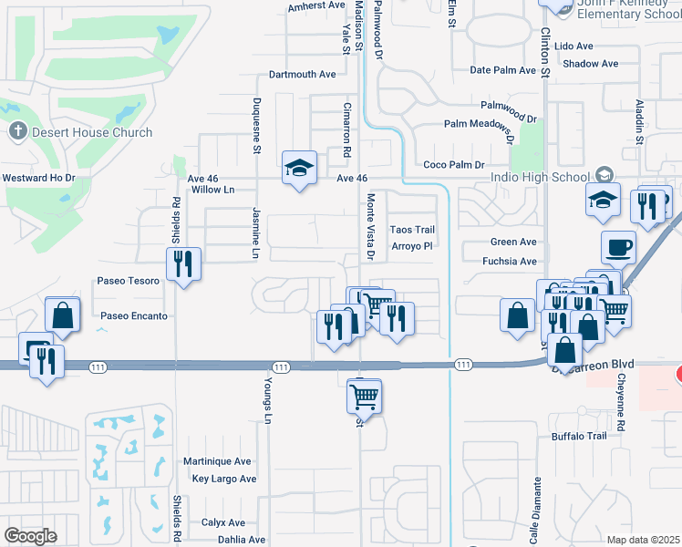 map of restaurants, bars, coffee shops, grocery stores, and more near 46507 Kalmia Court in Indio