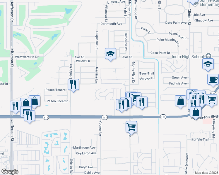 map of restaurants, bars, coffee shops, grocery stores, and more near 870 California 111 in Indian Wells