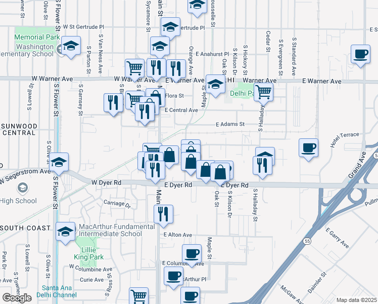 map of restaurants, bars, coffee shops, grocery stores, and more near 2635 South Orange Avenue in Santa Ana