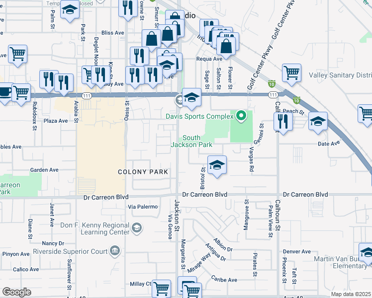 map of restaurants, bars, coffee shops, grocery stores, and more near 46551 Linda Flora Street in Indio