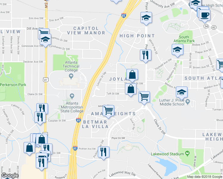 map of restaurants, bars, coffee shops, grocery stores, and more near 290 Upshaw Street Southwest in Atlanta