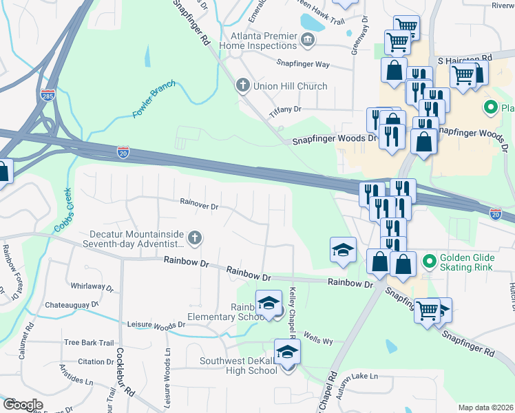map of restaurants, bars, coffee shops, grocery stores, and more near 2602 Bright Court in Decatur