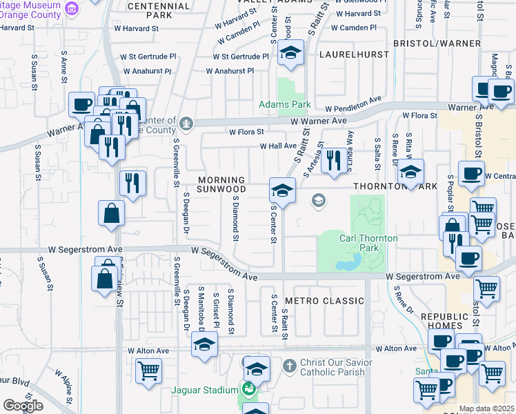map of restaurants, bars, coffee shops, grocery stores, and more near 2217 West Manly Avenue in Santa Ana
