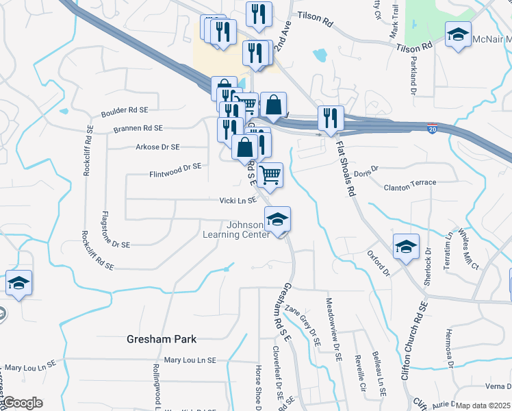 map of restaurants, bars, coffee shops, grocery stores, and more near 1949 Vicki Lane Southeast in Atlanta