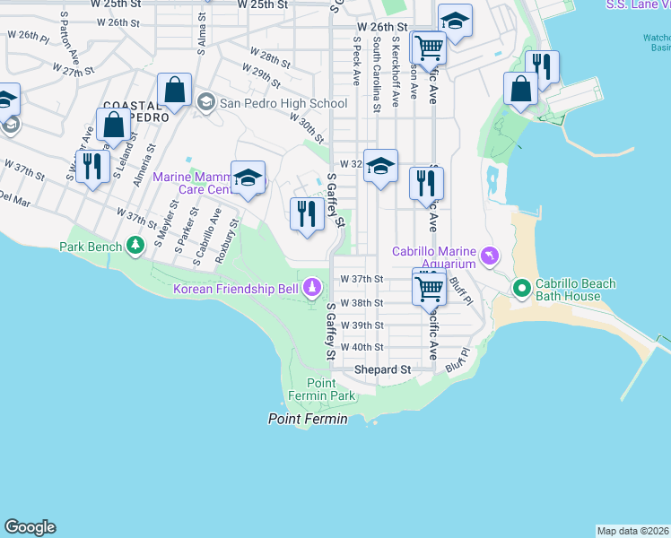 map of restaurants, bars, coffee shops, grocery stores, and more near 3622 South Gaffey Street in Los Angeles